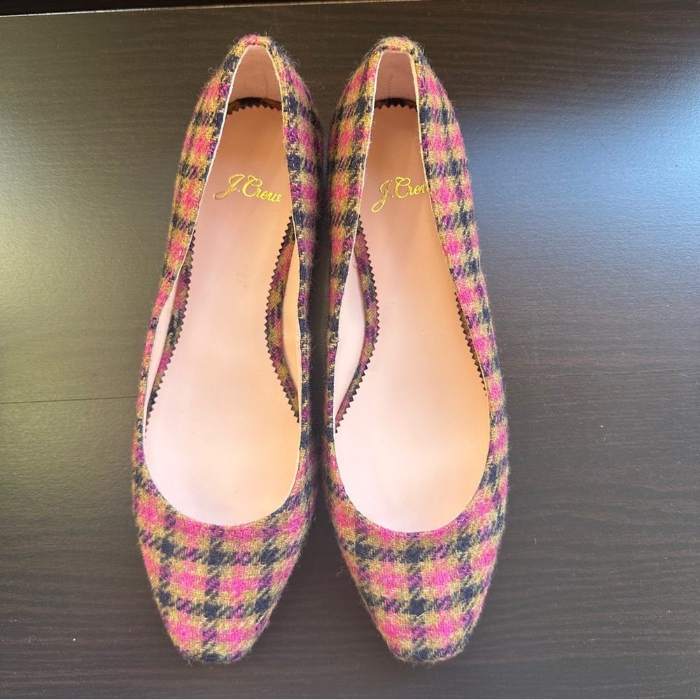 J.Crew Plaid Ballet Flats Women’s Size 7 Pink Yellow Black Wool Blend Preppy